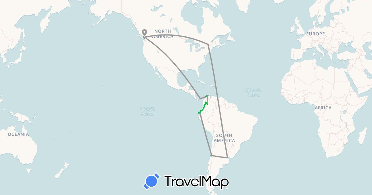 TravelMap itinerary: driving, bus, plane in Argentina, Canada, Chile, Colombia, Ecuador, Panama (North America, South America)